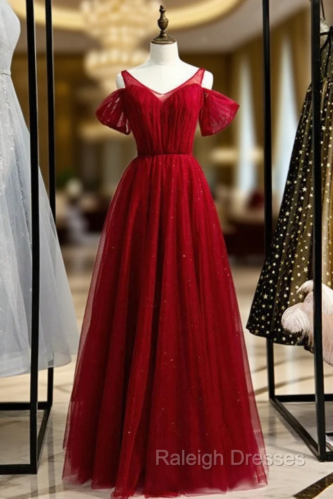 A Line Burgundy Tulle V Neck Long Prom Dresses Main image