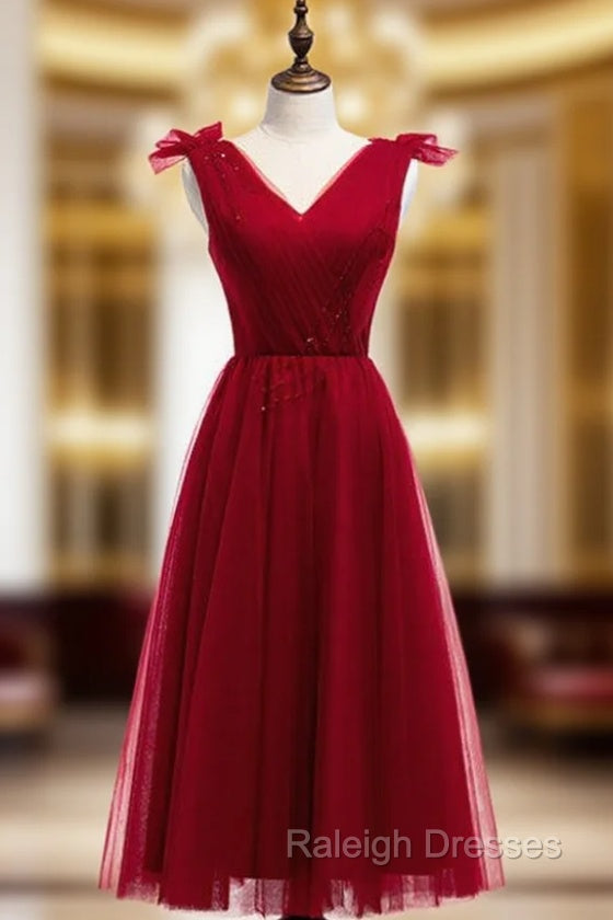 A-line Burgundy Tulle V-neck Pleats Beading Tea Length Prom Dress