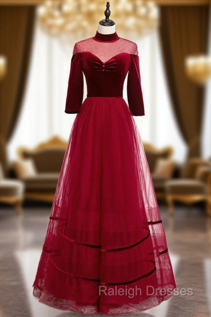 A-Line Burgundy Tulle Velvet High Neck Long Sleeve Prom Dress Main image