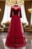 A-Line Burgundy Tulle Velvet High Neck Long Sleeve Prom Dress