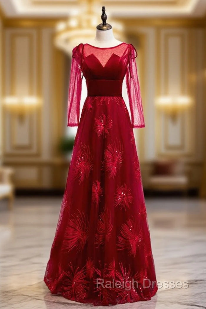 A-Line Burgundy Tulle Velvet Long Sleeve Prom Dress Main image