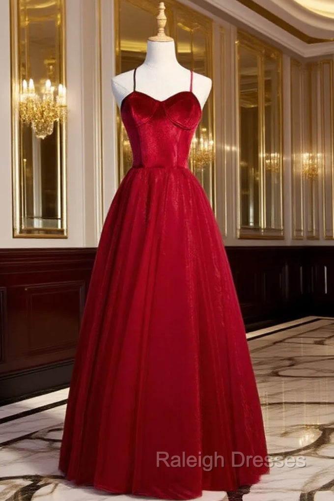A Line Burgundy Tulle Velvet Spaghetti Straps Prom Dresses Main image