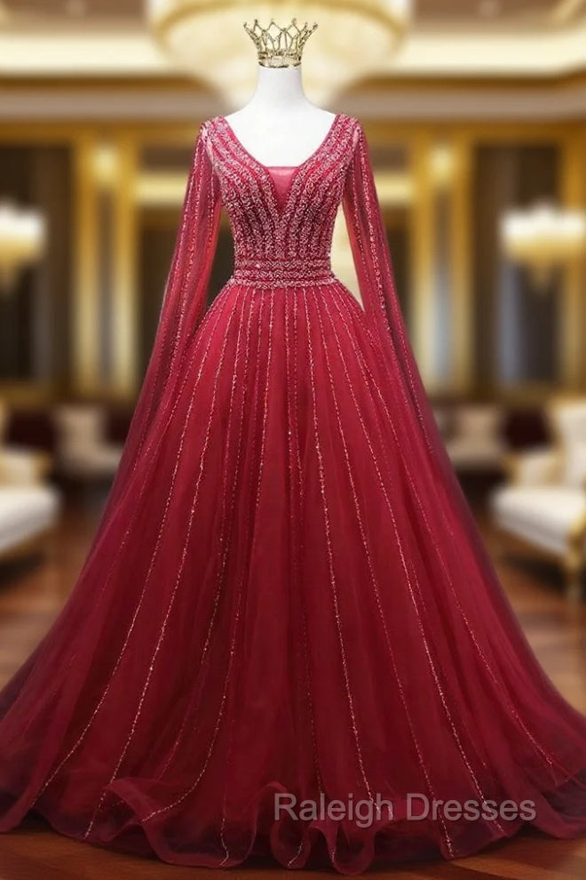 A-line Burgundy V-neck Beading Prom Dress