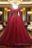 A-line Burgundy V-neck Beading Prom Dress
