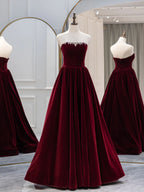A-Line Burgundy Velvet Long Formal Prom Dress, Burgundy Prom Dress