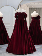 A-Line Burgundy Velvet Long Formal Prom Dress, Burgundy Prom Dress