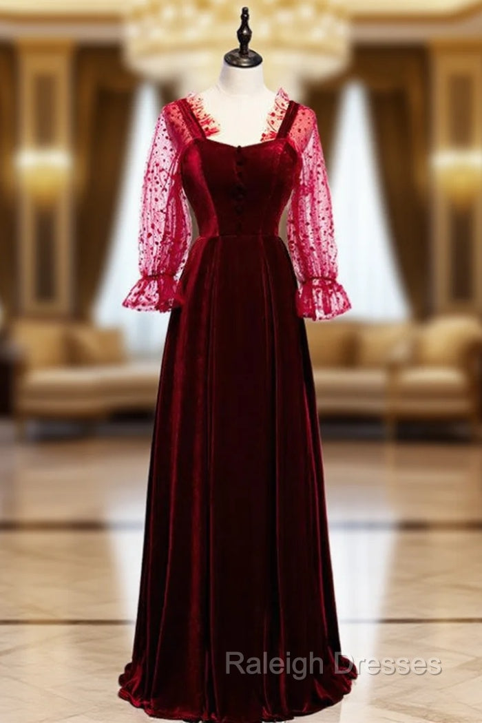 A Line Burgundy Velvet Long Sleeve Backless Prom Dresses Main image