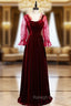 A Line Burgundy Velvet Long Sleeve Backless Prom Dresses
