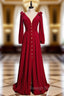 A Line Burgundy Velvet Long Sleeve Prom Dresses With Split