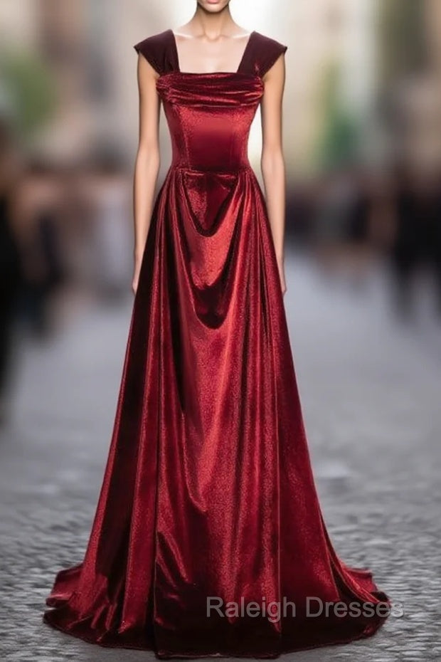A Line Burgundy Velvet Off the Shoulder Pleats Prom Dresses Main image