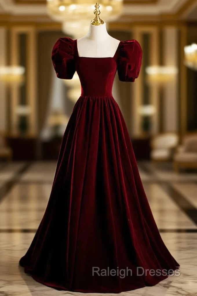 A Line Burgundy Velvet Puff Sleeve Prom Dresses Main image