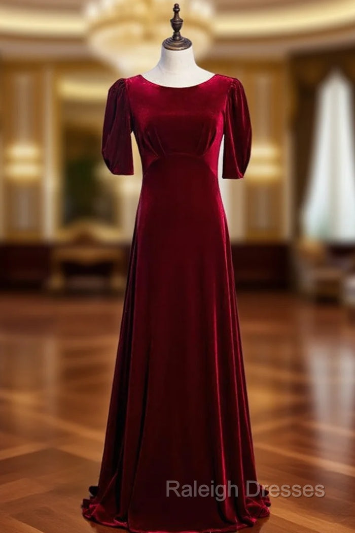 A Line Burgundy Velvet Short Sleeve Pleats Prom Dresses Main image