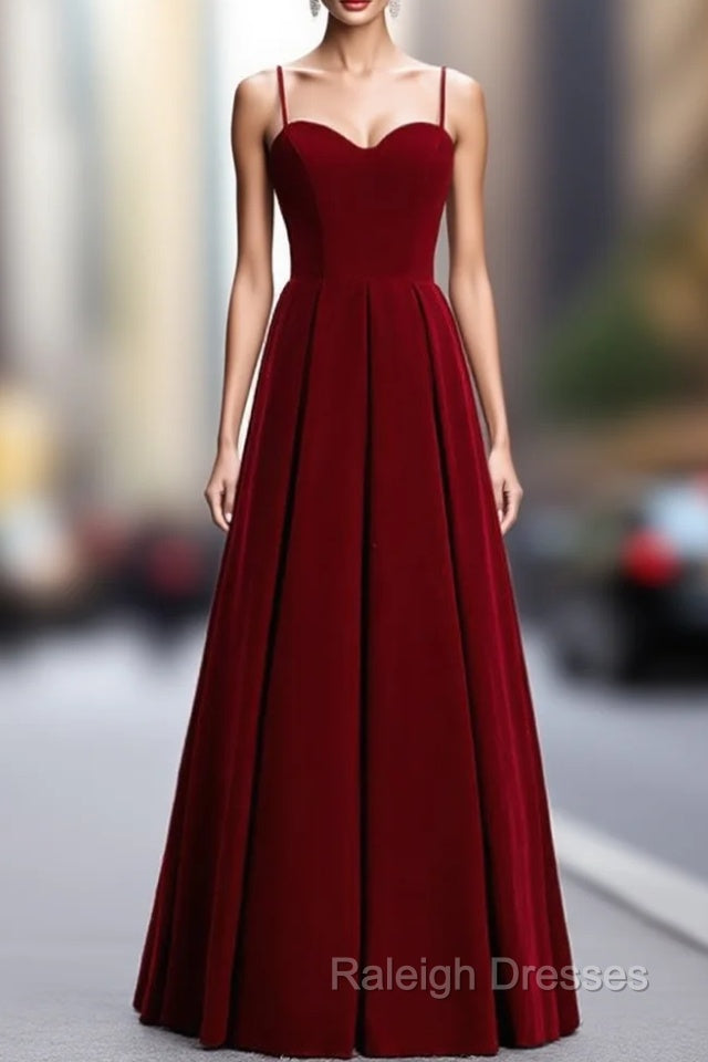 A-Line Burgundy Velvet Spagehtti Straps Pleats Prom Dress