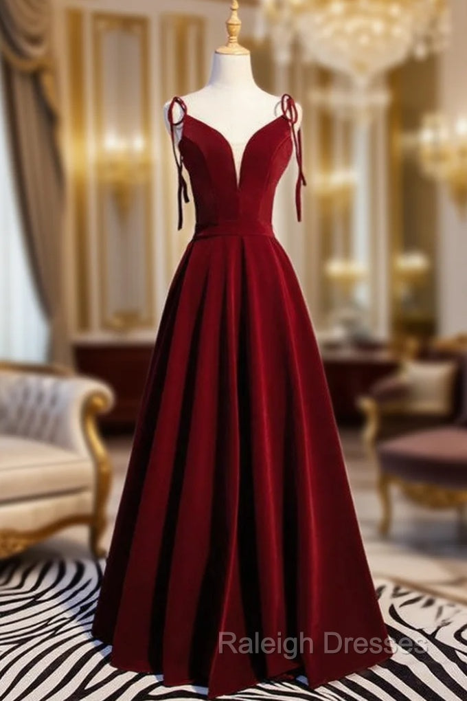 A Line Burgundy Velvet Spaghetti Straps Prom Dresses