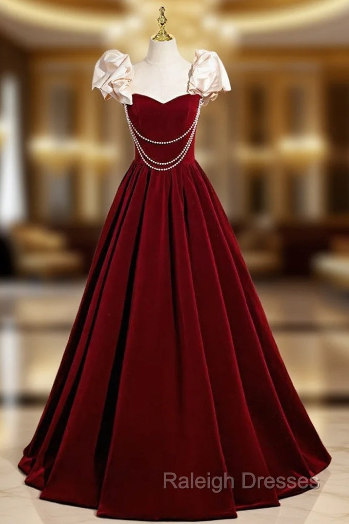 A Line Burgundy Velvet Straps Pearls Prom Dresses