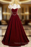 A Line Burgundy Velvet Straps Pearls Prom Dresses