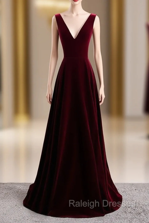 A-Line Burgundy Velvet V-neck Backless Prom Dress
