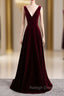 A-Line Burgundy Velvet V-neck Backless Prom Dress