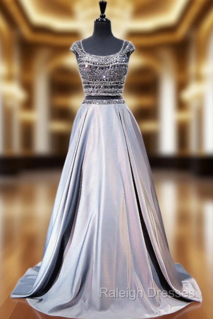 A-line Cap Sleeve Beaded Crystals Grey Backless Two Piece Prom Dresses Main image