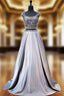 A-line Cap Sleeve Beaded Crystals Grey Backless Two Piece Prom Dresses