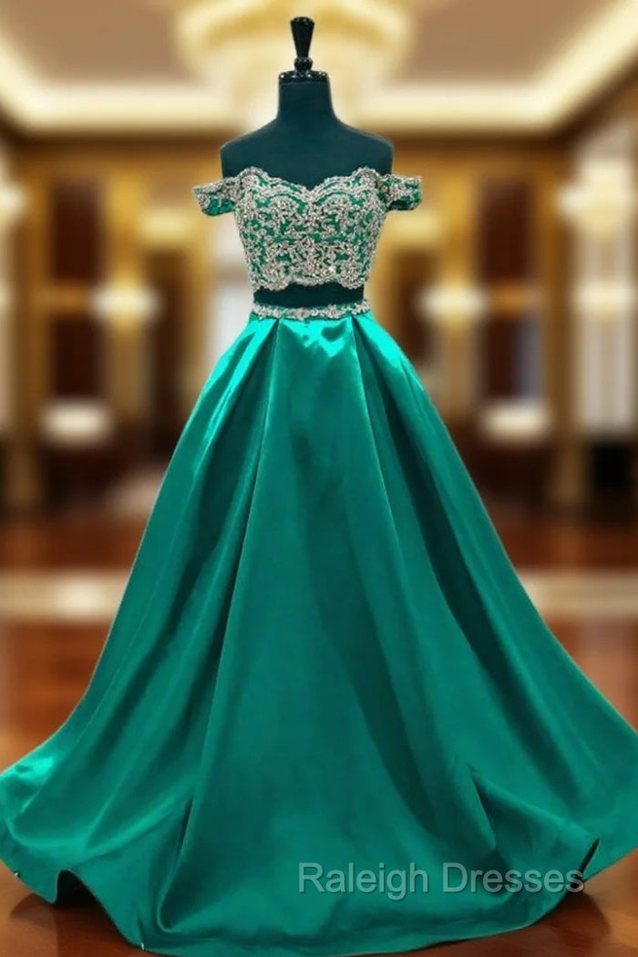 A Line Cap Sleeve Beaded Lace Green Two Piece Prom Dress