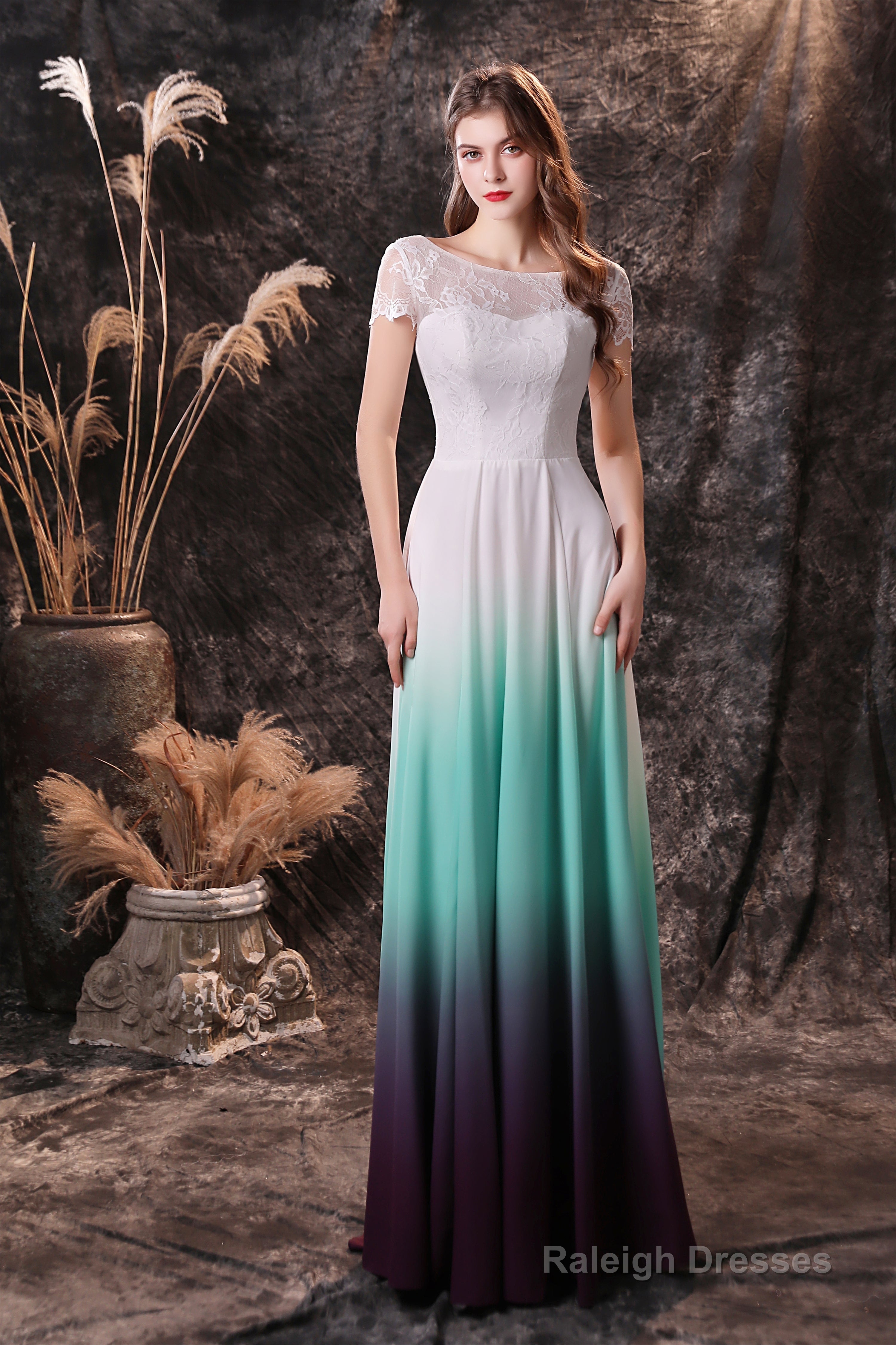 A Line Cap Sleeve Ombre Silk Floor Length Prom Dresses Main image
