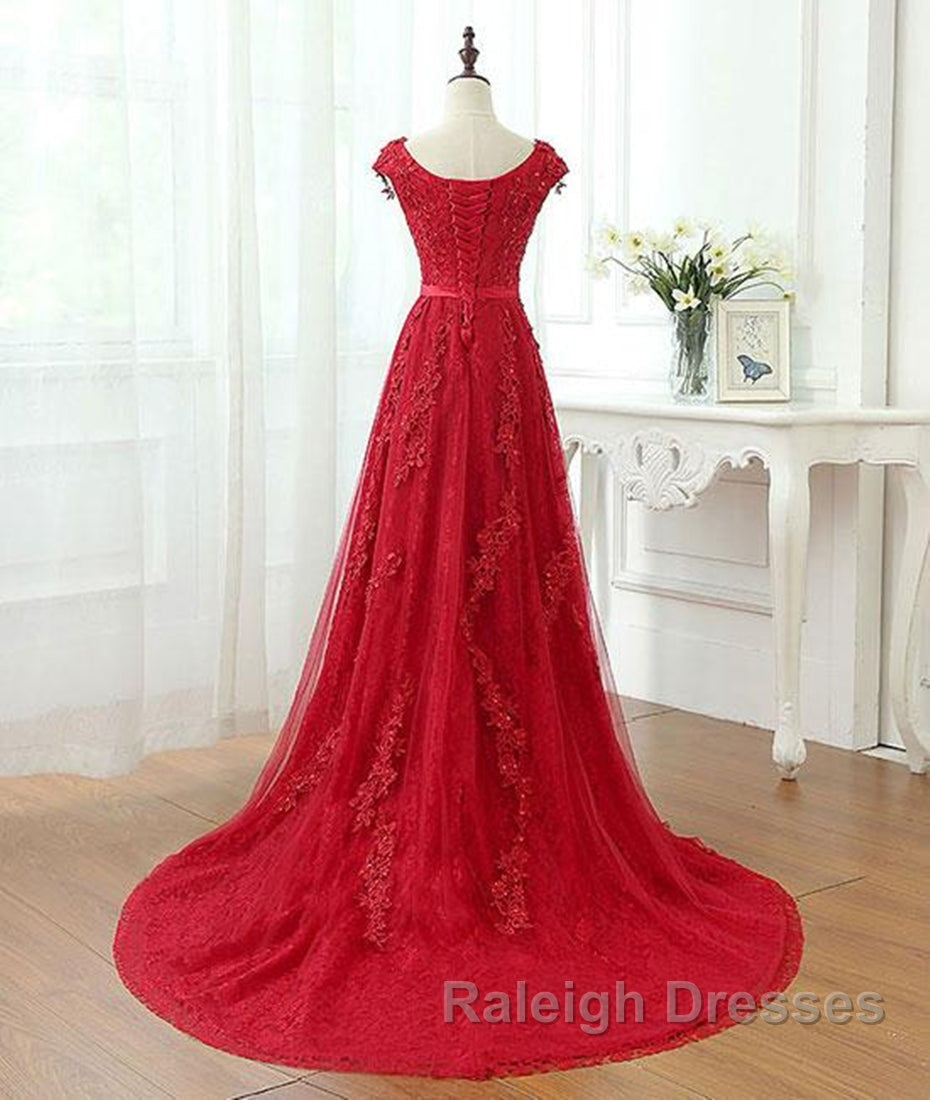 A Line Cap Sleeves Burgundy Lace Long Prom Dress with Appliques, Burgundy Formal Dress, Burgundy Evening Dress Secondary image