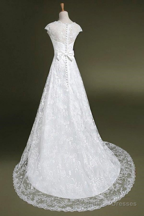A-Line Cap Sleeves Sweep Train Lace Wedding Dresses With Sash