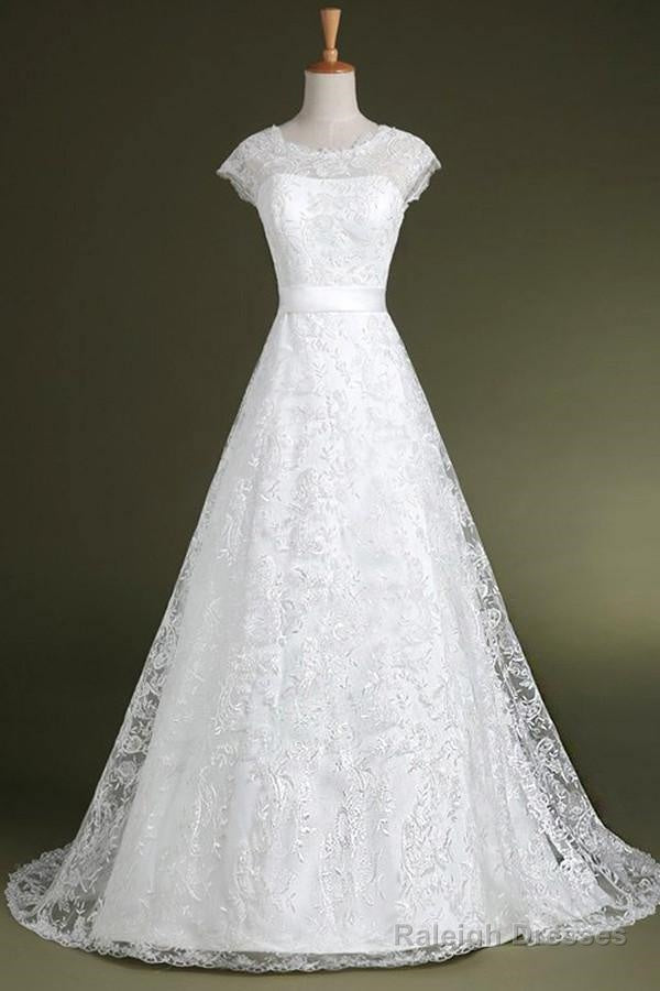 A-Line Cap Sleeves Sweep Train Lace Wedding Dresses With Sash Main image
