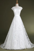 A-Line Cap Sleeves Sweep Train Lace Wedding Dresses With Sash