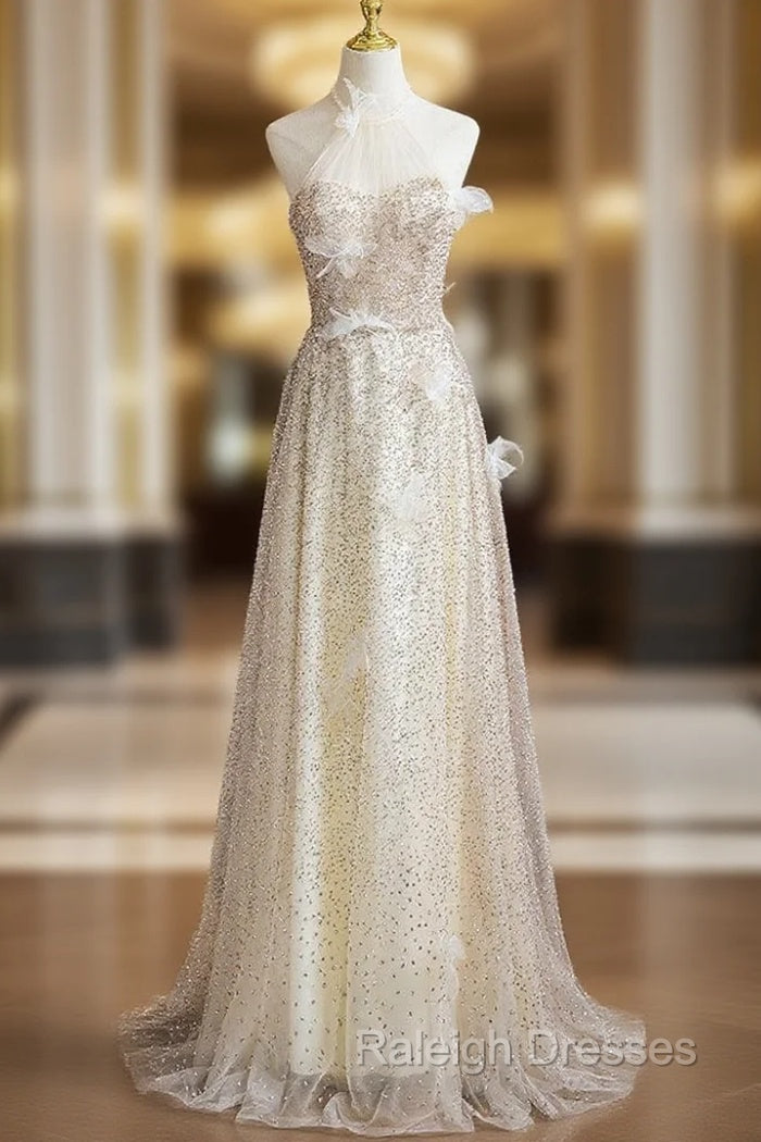 A-line Champagne Halter Sequins Prom Dress