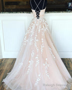 A Line Champagne Lace Wedding Dresses, Champagne Lace Prom Formal Evening Dresses With Corset Back