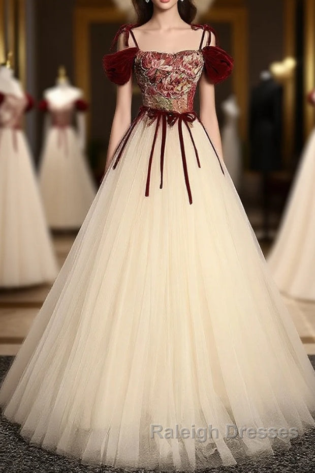 A line  champagne long prom dress, champagne tulle formal evening dress