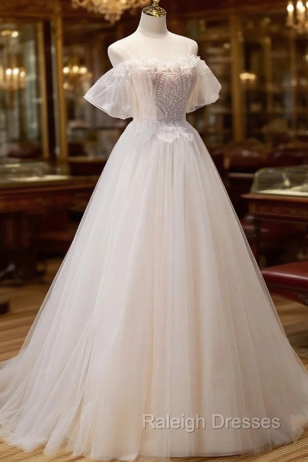 A Line Champagne Long Prom Dress, Lace Champagne Long Formal Dresses