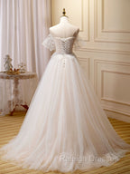 A Line Champagne Long Prom Dress, Lace Champagne Long Formal Dresses