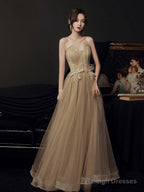 A-Line Champagne Prom Dresses Long Lace Long Prom Dresses