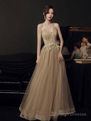 A Line Champagne Long Prom Dress Lace Long Formal Dress