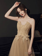 A Line Champagne Long Prom Dress Lace Long Formal Dress