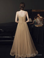 A-Line Champagne Prom Dresses Long Lace Long Prom Dresses