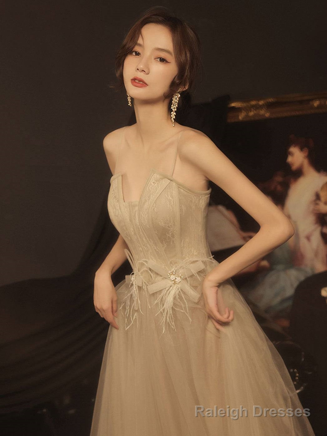 A-Line Champagne Prom Dresses Long Lace Long Prom Dresses