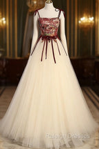 A line Champagne Long Prom Dresses, Champagne Formal Gown With Beading Velvet