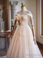 A Line Champagne Off The Shoulder Ruched Long Prom Dresses