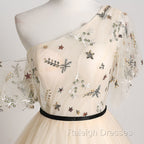 A Line Champagne One Shoulder Prom Dresses Long Prom Dresses