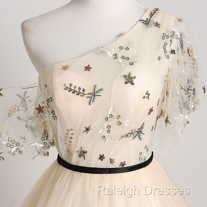 A Line Champagne One Shoulder Prom Dresses Long Prom Dresses