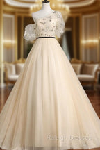 A-line Champagne One Shoulder Prom Dress, Long Party Dress