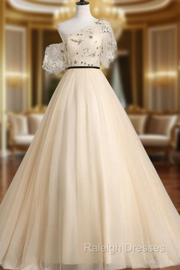 A-line Champagne One Shoulder Prom Dress, Long Party Dress