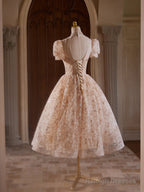 A-Line Champagne Pink Tulle Lace Tea Length Prom Dresses With Beads