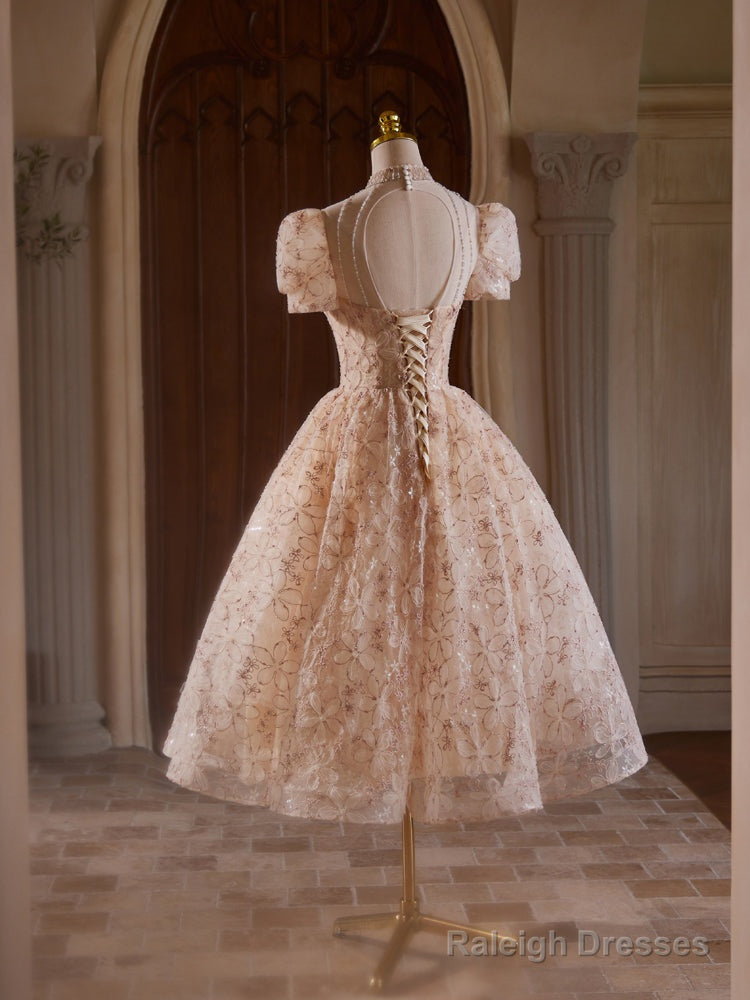 A-Line Champagne Pink Tulle Lace Tea Length Prom Dresses With Beads