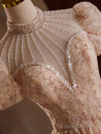 A-Line Champagne Pink Tulle Lace Tea Length Prom Dresses With Beads