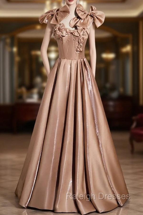 A-line Champagne Satin Bow Prom Dress Main image